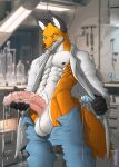  anthro balls big_penis black_body black_fur canid canine clothed clothing coat fox fur genitals hi_res humanoid_genitalia humanoid_penis lab_coat laboratory lube lube_bottle lube_drip lube_on_penis male mammal muscular muscular_male orange_body orange_fur orithan partially_clothed penis saruuk solo solo_focus topwear white_body white_fur 