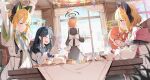  6+girls :t ahoge animal_ear_headphones animal_ears apron aris_(blue_archive) black_dress black_hair black_thighhighs blonde_hair blue_archive blush cake cat_ear_headphones closed_eyes closed_mouth cup curtains day dress faceless faceless_female fake_animal_ears food game_development_department_(blue_archive) halo headphones highres huge_ahoge indoors long_hair long_sleeves maid midori_(blue_archive) momoi_(blue_archive) muina multiple_girls neru_(blue_archive) one_side_up open_mouth orange_hair pout red_eyes red_hair restaurant siblings sisters sitting table tablecloth tail thighhighs twins very_long_hair white_apron window yuzu_(blue_archive) 