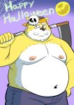  2023 anthro beard belly big_belly bottomwear bullbluedog canid canine canis clothing domestic_dog facial_hair halloween halloween_costume hi_res holidays humanoid_hands kemono male mammal mature_male moobs moon mustache navel nipples overweight overweight_male pants solo 