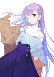  1girl bare_shoulders blue_ribbon blush breasts coffeekite commentary_request fate/grand_order fate_(series) hair_ribbon highres long_hair long_sleeves looking_at_viewer meltryllis_(fate) purple_hair ribbon small_breasts smile solo very_long_hair 