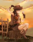  1girl ace_of_hearts azao_0 bare_shoulders beads belt belt_buckle black_belt boots bracelet breasts brown_eyes brown_footwear brown_gloves brown_hair brown_headwear brown_skirt brown_vest buckle card cloud cloudy_sky cowboy_boots cowboy_hat crate crisis_core_final_fantasy_vii crop_top final_fantasy final_fantasy_vii fringe_trim full_body gloves grass hair_beads hair_between_eyes hair_ornament hat heart highres holding holding_card holding_clothes holding_hat jewelry joker_(card) leather_vest looking_at_viewer medium_breasts midriff official_alternate_costume outdoors playing_card shirt sitting skirt sky sleeveless sleeveless_shirt smile solo sunset tifa_lockhart vest white_shirt wooden_box 