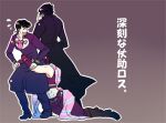  3boys battle_tendency blue_scarf diamond_wa_kudakenai family fingerless_gloves gakuran gloves hat higashikata_josuke hug jojo_no_kimyou_na_bouken joseph_joestar joseph_joestar_(young) kamabo_ko kujo_jotaro long_coat male_focus multicolored_clothes multicolored_scarf multiple_boys pink_scarf scarf school_uniform striped striped_scarf vertical-striped_scarf vertical_stripes waist_hug 