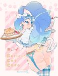  1girl :3 animal-themed_food animal_ears animal_hands ass big_hair blue_bow blue_eyes blue_hair blush bow breasts cat_ears cat_girl cat_tail character_name closed_mouth commentary_request cup drinking_straw embarrassed fang felicia_(vampire) food from_behind fruit garter_belt heart highres holding holding_tray large_breasts long_hair looking_at_viewer looking_back maid_headdress midriff milkshake no_pants pink_background plaid plaid_bow plaid_legwear puffy_short_sleeves puffy_sleeves shirt short_sleeves simple_background skin_fang smile solo strawberry tail tail_bow tail_ornament tray twitter_username unmoving_pattern vampire_(game) variant_set white_shirt y.o_(chuchu) 