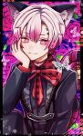  1boy :3 akuma_shitsuji_to_kuroi_neko ammon_lead animal_ears black_border border bug butterfly cat_boy cat_ears cat_tail closed_mouth extra_ears floral_background flower forehead_piercing highres male_focus manoco_cos multicolored_hair pink_eyes pink_hair rose short_hair solo tail white_hair 