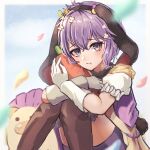  1girl :t ahoge bangs bernadetta_von_varley blush brown_thighhighs commentary_request fire_emblem fire_emblem:_three_houses fire_emblem_heroes gloves hair_between_eyes highres knee_up looking_at_viewer puffy_short_sleeves puffy_sleeves purple_eyes purple_hair reia_hana short_hair short_sleeves sitting solo thighhighs white_gloves 