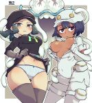  2girls aether_foundation_employee aether_foundation_uniform blush breasts chichibu_(watson) closed_mouth clothes_lift commentary_request covered_navel dark-skinned_female dark_skin dress dress_lift frown gloves green_eyes green_hair hat highres lifted_by_self looking_down multiple_girls navel nihilego overalls panties pantyhose pokemon pokemon_(creature) pokemon_(game) pokemon_usum signature team_rainbow_rocket team_rainbow_rocket_grunt team_rainbow_rocket_uniform tentacles thighhighs underwear white_gloves white_headwear white_overalls white_pantyhose 