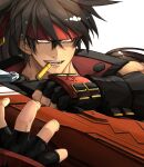  1boy black_gloves brown_hair bullet ebi_pri_shrimp fingerless_gloves gloves guilty_gear guilty_gear_xrd hair_between_eyes headband headgear junkyard_dog_mk_iii long_hair looking_at_viewer male_focus mouth_hold ponytail simple_background slit_pupils sol_badguy teeth white_background yellow_eyes 