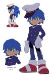  1boy animal_ears animal_nose artist_name blue_coat blue_fur blue_hair blue_pants buttons coat collared_coat fravoccado furry furry_male gloves green_eyes hand_on_own_hip hat hedgehog hedgehog_ears highres long_sleeves looking_at_viewer multiple_views no_neck pants red_footwear sailor_hat shoes short_hair simple_background smile sneakers socks sonic_the_hedgehog standing the_murder_of_sonic_the_hedgehog white_background white_gloves white_headwear white_socks 