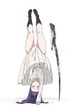  1girl absurdres bare_legs black_footwear blunt_bangs boots breasts bright_pupils closed_mouth covering covering_crotch dress fern_(sousou_no_frieren) full_body handstand highres long_hair long_sleeves looking_at_viewer mage_staff misskiwi one_arm_handstand purple_eyes purple_hair simple_background skirt skirt_tug solo sousou_no_frieren straight_hair upside-down white_background white_dress white_pupils 