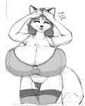  2023 anthro big_breasts black_and_white blep blush bra breasts canid canine clothing embarrassed eyes_closed female fox greyscale herro hi_res huge_breasts humor hyper hyper_breasts mammal mature_female monochrome simple_background solo tail tongue tongue_out underwear white_background 