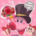  blue_eyes blush_stickers bouquet bow carnation commentary flower gift hat highres holding holding_bouquet kirby kirby_(series) miclot mother&#039;s_day no_humans open_mouth pink_background pink_bow pink_flower pink_footwear pink_theme red_flower shoes speech_bubble starry_background top_hat 
