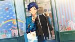  1boy aircraft airplane bag blazer blue_hair blue_jacket closed_eyes dark_blue_hair dartboard dog dot_nose dream_travel_(ensemble_stars!) ensemble_stars! facing_viewer fingernails fushimi_yuzuru glass happy_elements heart holding holding_clothes horse hot_air_balloon jacket lapels long_sleeves male_focus mole mole_under_eye monkey notched_lapels official_art open_mouth rainbow school_uniform shopping_bag short_bangs short_hair solo star_(symbol) third-party_source upper_body yumenosaki_school_uniform 