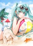  1girl ball bangs bare_arms bare_shoulders beach beach_umbrella beachball bikini breasts cleavage cloud coconut day eyewear_on_head green_eyes green_hair hair_between_eyes hatsune_miku large_breasts long_hair lying on_stomach outdoors palm_tree sand sand_sculpture shell smile solo starfish sunglasses swimsuit tanu0706 tree twintails umbrella very_long_hair vocaloid 