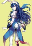  1girl ameno_(a_meno0) animal_ears ass blue_eyes blue_hair breasts fake_animal_ears fake_tail fire_emblem fire_emblem_awakening fire_emblem_heroes floating_hair gloves grin high_heels highres leotard long_hair looking_at_viewer lucina_(fire_emblem) lucina_(spring)_(fire_emblem) medium_breasts official_alternate_costume pantyhose playboy_bunny puffy_short_sleeves puffy_sleeves rabbit_ears short_sleeves simple_background smile solo standing standing_on_one_leg tail white_gloves white_pantyhose yellow_background yellow_footwear 