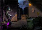  alley anthro black_hair clothed clothing dumpster female hair hi_res kheltari reptile scalie scenery side_view smoking solo stripes trash 