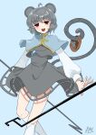  1girl ahoge animal_ears basket blue_background blue_capelet capelet commentary_request commission dowsing_rod dress grey_dress grey_hair highres looking_at_viewer mouse mouse_ears mouse_girl mouse_tail multiple_sources multiple_views nazrin open_mouth red_eyes short_hair signature simple_background skeb_commission socks tail teeth touhou upper_teeth_only white_socks yomogi_0001 