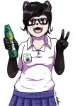  alpha_channel anthro bear beverage black_body black_fur black_hair bottomwear brown_eyes clothing collar_shirt energy_drink evan_harrey eyewear fangs fingerless_(marking) fur gesture girly glasses hair hi_res holding_object jucumari looking_at_viewer male mammal markings meme open_mouth school_uniform simple_background skirt smile solo spectacled_bear teeth transparent_background tremarctine ucu_harrey ucumar uniform v_sign whisker_markings white_markings 