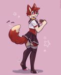  2023 anthro bottomwear canid canine clothed clothing crop_top crossdressing fleurfurr girly grin hi_res jfet legwear male mammal shirt simple_background skirt smile solo stockings tail tail_motion tailwag topwear 