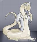  anthro badge broken_vial clothing coat eyewear giant_sperm goggles goo_creature hacony hi_res lab_accident lab_coat legless male open_mouth slime solo sperm_cell story_at_source topwear transformation vial white_body 