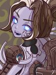  1girl :d blue_sclera brown_hair colored_sclera from_behind hair_bun highres kawaguti_kappa league_of_legends looking_at_viewer no_pupils open_mouth orianna_(league_of_legends) parted_bangs robot simple_background single_hair_bun smile solo teeth white_eyes 