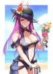  1girl bare_shoulders beach black_headwear blue_sky breasts burnt_green_tea cloud cowboy_shot day fire_emblem fire_emblem_engage fire_emblem_heroes highres holding ivy_(fire_emblem) large_breasts long_hair looking_at_viewer navel one-piece_swimsuit purple_eyes purple_hair sky smile solo standing stomach swimsuit thighs very_long_hair 