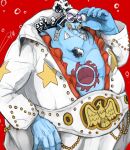  1boy big_belly black_hair blue_skin bubble colored_skin cowboy_shot curly_eyebrows facial_hair fins fish_boy frilled_shirt frills frown goatee goggles goggles_on_head hand_up ippaiotabe_mkw jacket jinbe_(one_piece) large_belt large_hands large_pectorals male_focus mature_male muscular muscular_male official_alternate_costume one_piece open_clothes open_jacket pectorals pointy_ears red_background shirt sideways_glance solo star_(symbol) tusks webbed_hands white_jacket 