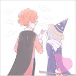  2boys back blue_robe book bow bowtie cinnamon_cookie cookie_run from_side hair_over_eyes happy hat holding holding_wand humanization long_sleeves magician mamimumemo multiple_boys open_mouth orange_hair personification robe scarf short_hair wand white_scarf wizard_cookie wizard_hat 