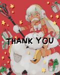 1girl altera_(fate) altera_the_santa_(fate) boots bow bra choker christmas collarbone dark-skinned_female dark_skin earmuffs fake_facial_hair fake_mustache fate/grand_order fate_(series) gift highres holding holding_staff long_hair looking_at_viewer mittens oneroom-disco red_background red_bra red_choker red_eyes red_footwear riding sheep solo staff star_(symbol) thank_you underwear white_bow white_hair white_mittens 