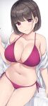  1girl absurdres bare_shoulders bed_sheet bikini blush breasts brown_hair closed_mouth collarbone hair_ornament hairclip highres large_breasts long_hair mizunashi_kenichi navel off_shoulder open_clothes open_shirt original purple_bikini purple_eyes purple_ribbon ribbon shirt short_hair side-tie_bikini_bottom sitting smile solo stomach swimsuit thigh_gap white_shirt 