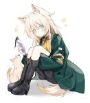  1girl animal animal_ears arknights black_footwear black_shorts blonde_hair blush boots collared_shirt detached_sleeves dog dog_ears dog_girl dog_tail flower green_eyes green_jacket hair_between_eyes highres holding_vial jacket knee_boots knees_up long_hair long_sleeves neckerchief open_clothes open_jacket podenco_(arknights) sentouryoku_5 shirt shorts simple_background sitting solo tail white_background white_shirt yellow_neckerchief 