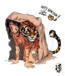  1girl 2022 all_fours allanva animal black_hair blanket breasts breasts_apart chinese_zodiac happy_new_year highres medium_breasts nipples nude orange_eyes original shadow solo tail tattoo tiger tiger_tattoo white_background year_of_the_tiger 