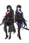  2girls adapted_costume armor barnabas_tharmr black_cape black_hair breasts cape cleavage clive_rosfield final_fantasy final_fantasy_xvi full_body genderswap genderswap_(mtf) greaves high_heels large_breasts maccyman multiple_girls scar scar_on_face simple_background skirt standing sword weapon 