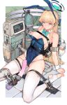  1girl absurdres animal_ears arm_support blonde_hair blue_archive blue_eyes breasts dildo halo haniwa_(statue) highres iuui large_breasts long_hair milking_machine playboy_bunny rabbit_ears sex_toy thighhighs toki_(blue_archive) toki_(bunny)_(blue_archive) white_thighhighs 