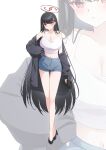  1girl :o absurdres alternate_costume black_hair black_jacket blue_archive blush breasts camisole cleavage crop_top crossed_legs denim denim_shorts full_body highres jacket jacket_partially_removed large_breasts long_hair looking_at_viewer navel red_eyes rio_(blue_archive) shira_jun short_shorts shorts solo straight_hair very_long_hair watson_cross white_camisole zoom_layer 