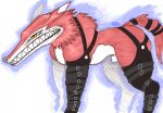  animal_genitalia anthro bandai_namco canid canine canis digimon digimon_(species) fangmon feral fully_sheathed fur genitals harness hi_res leather leather_harness leather_strap long_snout male mammal phobicsnakes red_body red_fur sharp_teeth sheath snout teeth wolf 