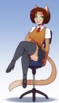  anthro bracelet breasts chair clothing crossed_legs domestic_cat felid feline felis female footwear furniture green_eyes hi_res high_heels jewelry legwear mammal necktie office_chair open_mouth open_smile school_uniform scorpdk sitting smile socks solo thigh_highs thigh_socks uniform 