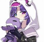  1girl animal_hood bear_hood black_gloves black_jacket blue_eyes blush bone_hair_ornament gloves hair_ornament heterochromia hood hood_up hoodie jacket nijisanji nijisanji_en official_alternate_costume purple_eyes purple_hair selen_tatsuki selen_tatsuki_(3rd_costume) short_hair simple_background single_glove smile solo sumiya_nadateru white_background white_hoodie 