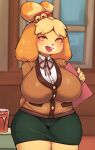  absurd_res animal_crossing anthro big_breasts blonde_hair blush boingfarm bottomwear breasts brown_clothing brown_shirt brown_topwear buckteeth canid canine canis clothing domestic_dog female fur glass green_bottomwear green_clothing green_skirt hair hi_res huge_breasts inside isabelle_(animal_crossing) mammal nintendo open_mouth red_eyes shirt skirt smile solo teeth thick_thighs topwear wide_hips window yellow_body yellow_fur 