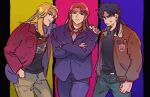  3boys black_eyes black_hair black_shirt blonde_hair blue_pants bomber_jacket brown_hair brown_jacket brown_pants clenched_hand closed_mouth collared_shirt commentary_request cowboy_shot crossed_arms frown grin hand_in_pocket hand_on_another&#039;s_shoulder highres ichijou_seiya inudori itou_kaiji jacket kaiji kitami_(kaiji) long_hair long_sleeves looking_at_viewer male_focus medium_bangs multiple_boys necktie open_clothes open_jacket pants parted_bangs purple_jacket purple_pants red_jacket red_shirt shirt smile suit white_necktie 