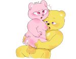  2023 anthro balls bear bite_mark bodily_fluids coco_(unicorn_wars) cum duo erection genital_fluids genitals gordi_(unicorn_wars) hi_res mammal nery_fn nipples penis pink_body pink_eyes purple_eyes sex sitting slightly_chubby spank_marks unicorn_wars yellow_body 