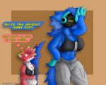  abs anthro big_breasts big_butt big_tail blue_body blue_fur blue_hair blue_skin bodily_fluids breasts butt clawed_fingers claws clothed clothing couple_(disambiguation) crop_top detailed_shading dragonfruit_(sokoyo_owo) female fluffy fluffy_ears fluffy_hair fluffy_tail fur green_accents green_eyes hair hi_res huge_breasts huge_butt huge_tail huge_thighs inner_ear_fluff intersex kobold long_ears long_hair long_tail looking_at_another looking_at_partner looking_away looking_up machine markings meme meme_clothing muscular muscular_anthro muscular_arms muscular_female muscular_intersex oversized oversized_pants partially_clothed pink_body pink_fur pink_hair pink_nose protogen protogen_armor protogen_visor scale_markings scales shirt short_hair simple_background size_difference sokoyo_owo starry_(sokoyo_owo) sweat sweatdrop sweatpants sweaty_breasts tail text_box thick_thighs thought_bubble thoughts topwear tuft wiping_forehead yellow_eyes 