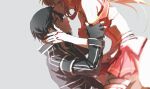  1boy 1girl absurdres asuna_(sao) black_hair brown_hair fingerless_gloves gloves grey_background highres ji_yuyun kirito kiss kissing_forehead long_sleeves looking_at_another open_mouth simple_background skirt sword_art_online 