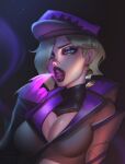  1girl black_background blonde_hair breasts brown_jacket cleavage dwekou earrings evelynn_(league_of_legends) gradient_background half-closed_eyes hand_up highres jacket jewelry large_breasts league_of_legends pink_eyes pink_headwear red_lips shiny_skin short_hair solo soul_fighter_evelynn tongue tongue_out upper_body 