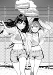  2girls absurdres cloud denim denim_shorts feet_out_of_frame fence grass hand_on_headwear highres holding_hands keyyan kimi_to_shiranai_natsu_ni_naru megumi_hinoto mole mole_under_eye mole_under_mouth monochrome multiple_girls navel nishimiya_haru road_sign see-through see-through_shirt shorts sign sky swimsuit 