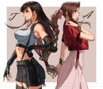  1girl 2girls abs absurdres aerith_gainsborough bare_shoulders black_hair black_skirt braid braided_ponytail breasts brown_hair crop_top dress earrings final_fantasy final_fantasy_vii final_fantasy_vii_remake fingerless_gloves gloves green_eyes hair_ribbon highres jacket jewelry large_breasts long_hair midriff multiple_girls navel parted_bangs pink_dress red_eyes red_jacket ribbon sidelocks skirt smile solo suspender_skirt suspenders tank_top temoc tifa_lockhart toned 