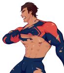  1boy abs absurdres bara blue_bodysuit bodysuit dark-skinned_male dark_skin highres jon_(jonigiri) large_pectorals male_focus marvel miguel_o&#039;hara muscular muscular_male nipples open_mouth pectorals red_bodysuit simple_background solo spider-man:_across_the_spider-verse spider-man_(2099) spider-man_(series) torn_bodysuit torn_clothes two-tone_bodysuit white_background 