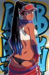  1girl ass bandana black_hair black_panties blue_hair breasts brown_eyes clothes_pull commentary dark-skinned_female dark_skin dreadlocks english_commentary fingerless_gloves from_behind gloves gradient_hair graffiti headset high_ponytail highres kimberly_jackson long_hair looking_at_viewer looking_back medium_breasts multicolored_hair outline panties red_gloves solo street_fighter street_fighter_6 suoiresnu underwear very_long_hair visor_cap white_outline 