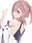  1girl asta_(honkai:_star_rail) back back_cutout bare_shoulders blue_eyes braid breasts closed_mouth clothing_cutout collared_shirt commentary from_behind hair_ornament hand_on_own_neck highres honkai:_star_rail honkai_(series) looking_at_viewer medium_breasts pink_hair shirt side_ponytail sideboob simple_background sleeveless sleeveless_shirt smile solo ura_(hamburg_oniku) white_background 