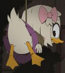  1girl bird bound bow closed_mouth duck ducktales full_body furry furry_female hair_bow haruyama_kazunori looking_at_viewer medium_hair pleated_skirt purple_skirt skirt solo tail tied_up_(nonsexual) webby_vanderquack white_hair 