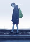  1girl absurdres backpack bag black_footwear breath coat expressionless full_body grey_sky highres hooded_coat ice kanai_(nai_nai) loafers medium_hair mountainous_horizon original pleated_skirt power_lines profile shoes skirt sky socks solo utility_pole walking white_socks winter 